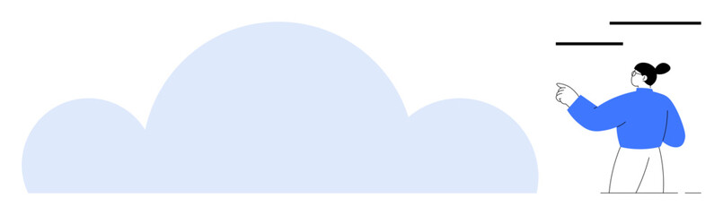 Woman gesturing towards large cloud shape, emphasizing digital technology. Ideal for cloud computing, remote work, data storage, teamwork, innovation, IT solutions, simple flat metaphor