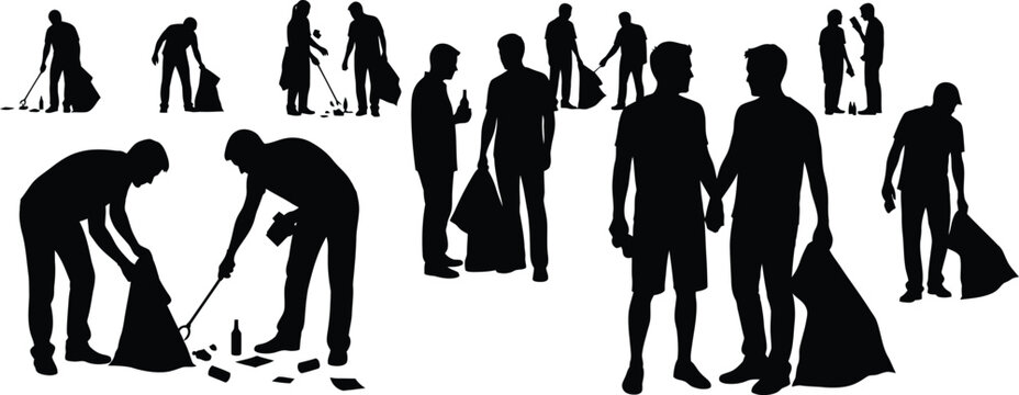 Group of volunteers cleaning up trash and litter silhouettes set Environmental conservation, community cleanup, and waste removal vector graphics - Powered by Adobe