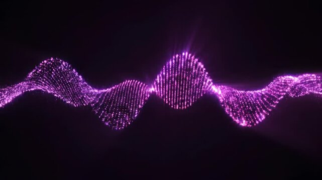 Seamless loop of glowing purple particles flowing in the form of a continuous digital sine wave demonstrating energy duality networking, frequency, animation