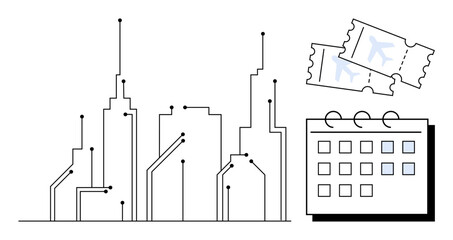 Urban skyline connected by digital nodes, calendar with marked dates, and travel tickets. Ideal for travel, technology, smart city, urban planning, innovation connectivity scheduling. Simple flat