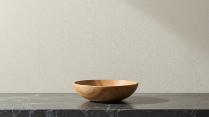 Single wooden bowl on dark marble surface with soft lighting and textured wall minimalist, elegant, and perfect for product or interior design themes.