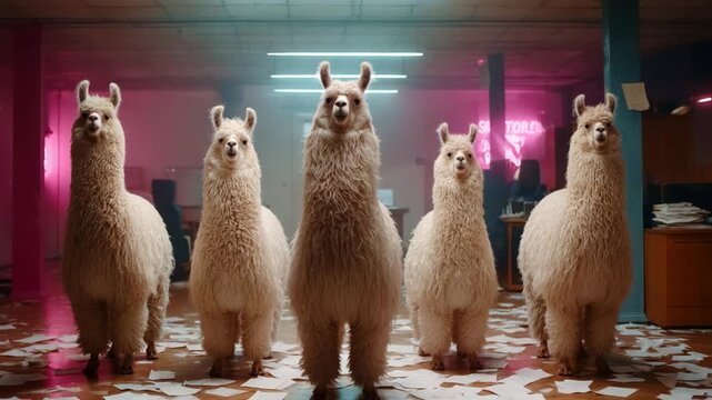 A vibrant scene featuring a group of playful llamas parading enthusiastically through a chaotic office environment, surrounded by flying paper and a colorful backdrop of bright lights.