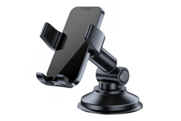 Black smartphone holder with adjustable arm and suction cup base isolated on a transparent background