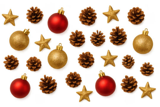Christmas golden stars red baubles pine cones pattern