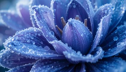 A ultra-detailed macro abstract of frozen flower petals with crystalline ice patterns, geometric frost shapes, and translucent winter textures glowing in cool blue-violet tones.