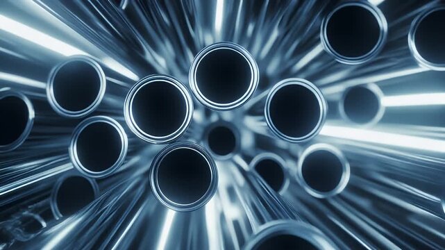 Abstract Blue Metal Pipes Tunnel Perspective With Light Streaks And Reflections Scientific And Futuristic