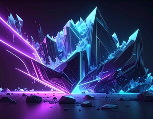 An abstract artistic image depicts a crystalline structure radiating energy with neon lights on a dark background. Rocks at the base