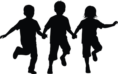 Three Children Running and Holding Hands Black Silhouette Vector Illustration of Kids Playing Together