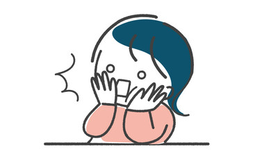 手描き　衝撃で両手を頬に当ててびっくりしている女性