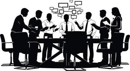 Corporate meeting discussion vector silhouette black and white illustration