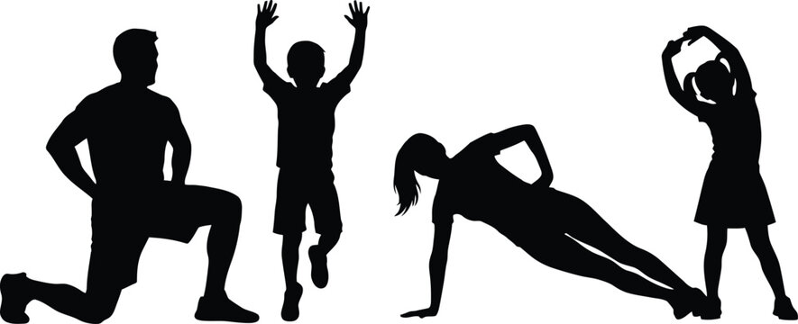 Family Fitness Silhouettes Workout Set Man Woman Boy Girl Exercising Black Vector Illustration