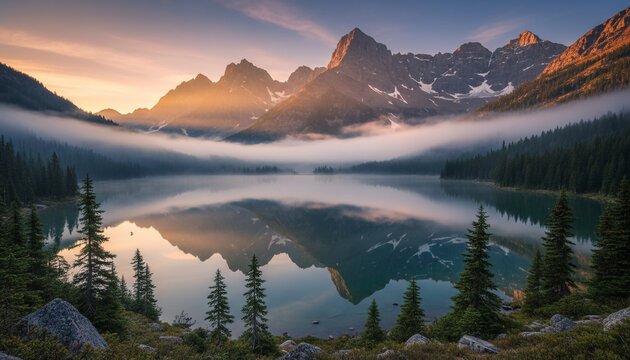 A breathtaking scene of a calm mountain lake at sunrise, surrounded by evergreen forests and dramatic snow-capped peaks. Soft morning mist floats above the water - Powered by Adobe
