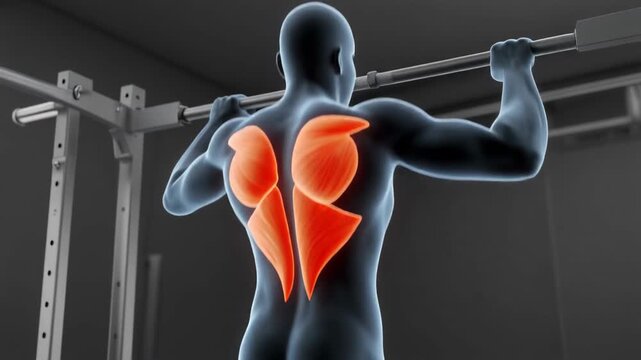 3D animation of a man doing pull-ups, showcasing active back muscles during exercise.