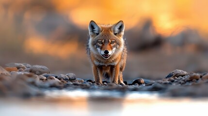 A coyote stands on a rocky shoreline, looking directly at the camera. The background is a soft, blurred sunset.