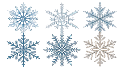 Set of six unique winter and Christmas themed snowflakes with watercolor blue and gray textures isolated on transparent background