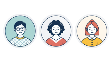 Set of three diverse user avatar icons representing different people and demographics isolated on transparent background