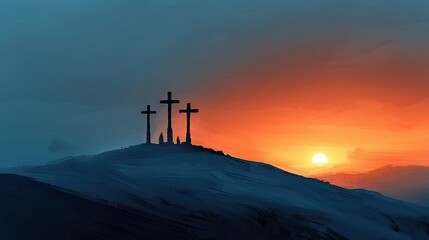 Silhouette of three crosses on a hill with a vibrant sunset in the background. Symbolic and spiritual image.