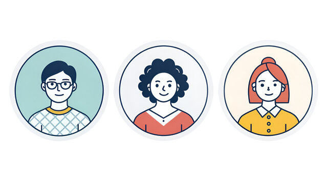 Set of three diverse user avatar icons representing different people and demographics isolated on transparent background