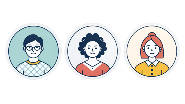 Set of three diverse user avatar icons representing different people and demographics isolated on transparent background