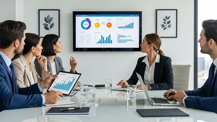 Business team in a modern conference room discussing data analysis on digital devices during a professional meeting - Powered by Adobe