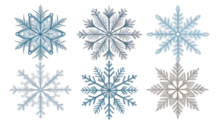 Six glittering blue and icy silver ornamental snowflakes for Christmas and seasonal winter design isolated on transparent background