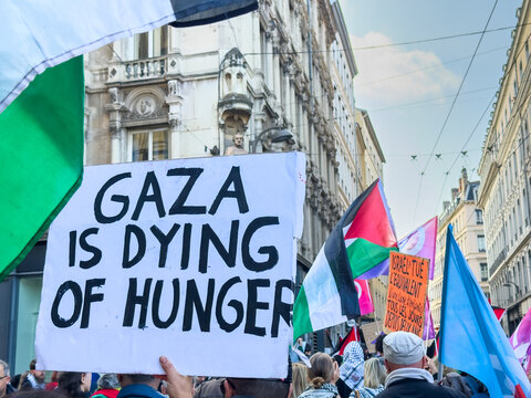 Crowd Protests on City Street Holding Signs About Gaza's Hunger Crisis