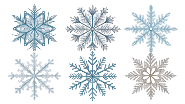 Six glittering blue and icy silver ornamental snowflakes for Christmas and seasonal winter design isolated on transparent background