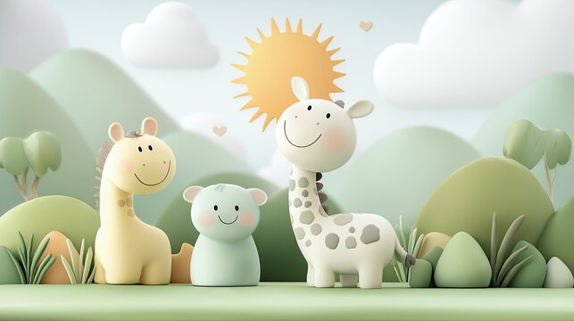 Three cartoon animals, including giraffes and a bear, stand in a stylized green landscape with a sun and clouds. - Powered by Adobe