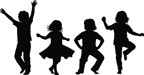Fototapeta premium Four Kids Silhouettes Joyful Dancing Jumping Playing Celebrating Childhood Fun Vector Graphic