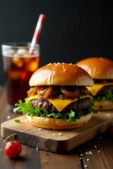Delicious Cheeseburgers with Caramelized Onions and Refreshing Cola.