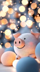 A cute pig toy surrounded by soft bokeh lights, creating a warm and festive holiday atmosphere. Perfect for Christmas or New Year.