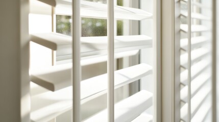 sunlit elegance: a calming interplay of light and shadow through white wooden window blinds, creating a sense of serenity and warmth within a home setting