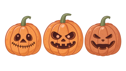 Three cartoon Halloween Jack-o-lanterns showing various spooky and funny expressions for holiday decoration isolated on transparent background