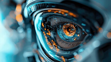 Close-up of a human eye with a cybernetic interface, showcasing digital technology and futuristic concepts. The eye is reflected in a metallic surface, creating