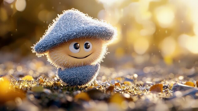 A cheerful cartoon mushroom character with a smiling face, standing outdoors in a sunlit environment with bokeh. - Powered by Adobe