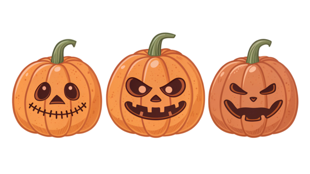 Three cartoon Halloween Jack-o-lanterns showing various spooky and funny expressions for holiday decoration isolated on transparent background