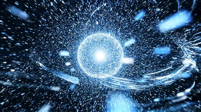 Seamless loop of millions of blue and white digital particles flowing rapidly towards a central, luminous core representing technological singularity fiction, white, innovation