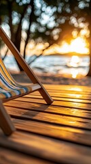 Close-up of a deck chair on a wooden deck with a beautiful sunset in the background. The scene evokes relaxation and tranquility.