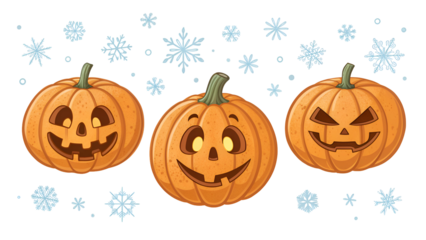 Three cartoon Halloween jack-o-lanterns with various carved expressions surrounded by falling snowflakes isolated on transparent background