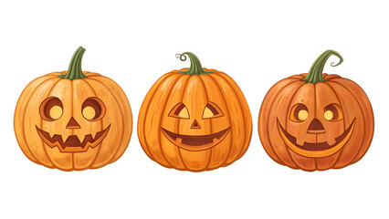 Fototapeta premium Three carved Halloween Jack-o-lantern pumpkins featuring different glowing faces and autumn texture isolated on transparent background