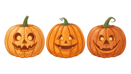 Three carved Halloween Jack-o-lantern pumpkins featuring different glowing faces and autumn texture isolated on transparent background