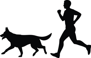 Silhouette of man running with dog, outdoor fitness activity, healthy lifestyle concept, jogger and pet companion exercising together in simple black illustration