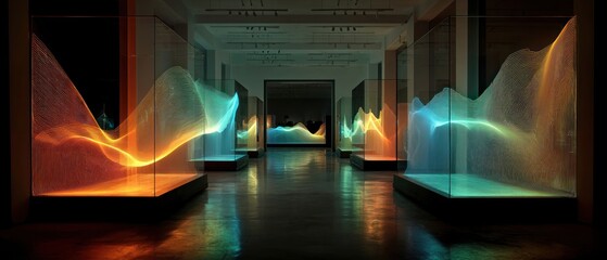 Abstract art installation featuring colorful light waves displayed in glass cases within a gallery