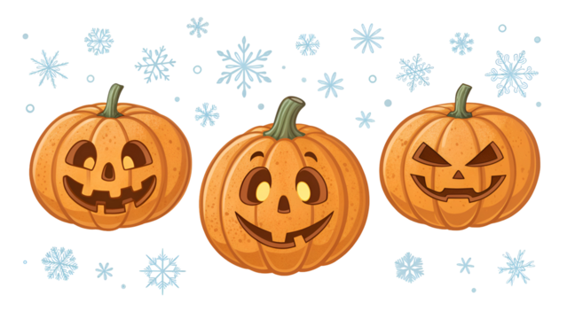 Three cartoon Halloween jack-o-lanterns with various carved expressions surrounded by falling snowflakes isolated on transparent background
