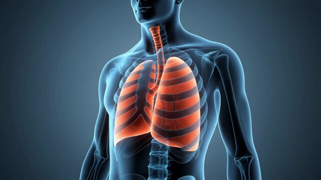 3D animation showing the human respiratory system and lung function with breathing