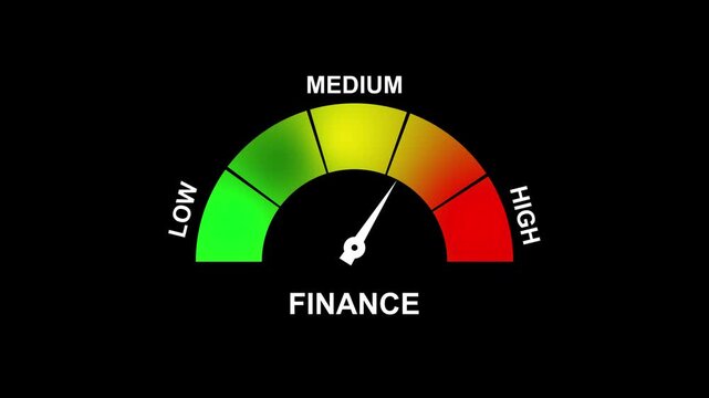 Finance Meter Showing Medium Level on Background gauge dial. 4K motion animation on a transparent background alpha channel.