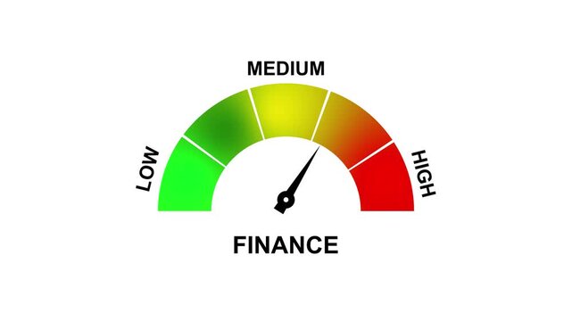 Finance Meter Showing Medium Level on Background gauge dial. 4K motion animation on a transparent background alpha channel.