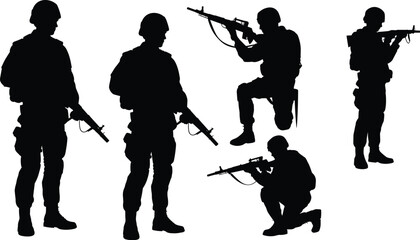 Silhouette illustration of armed soldiers in various tactical poses, military personnel standing and kneeling with rifles, defense and security concept artwork