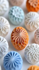 Close-up studio shot of various colorful floral ornaments arranged on a white surface. The ornaments have intricate, layered designs.