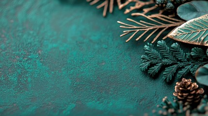 Close-up of a teal background with decorative Christmas foliage, including leaves, pinecones, and branches, creating a festive composition.